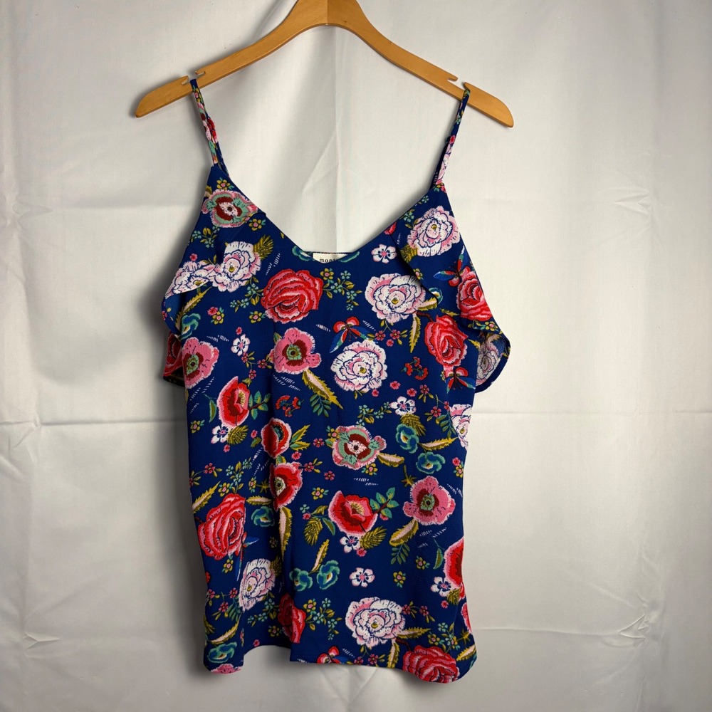 Monteau Los Angeles Blue Floral Ruffle Cold Shoulder Cami Blouse Large 27909A